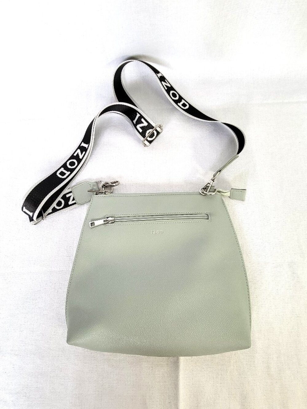 IZOD Crossbody Bag Sage Green Pebbled Faux Leather Wide Logo Guitar Strap